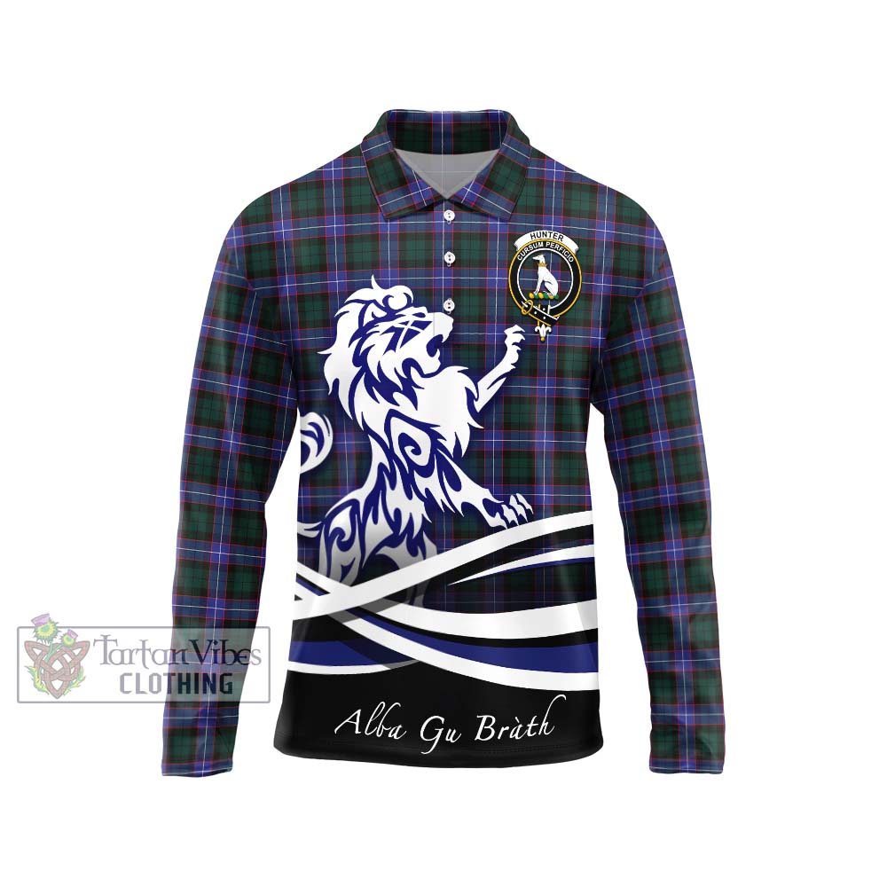 Hunter (Hunterston) Tartan Long Sleeve Polo Shirt with Alba Gu Brath Regal Lion Emblem Unisex - Tartanvibesclothing Shop