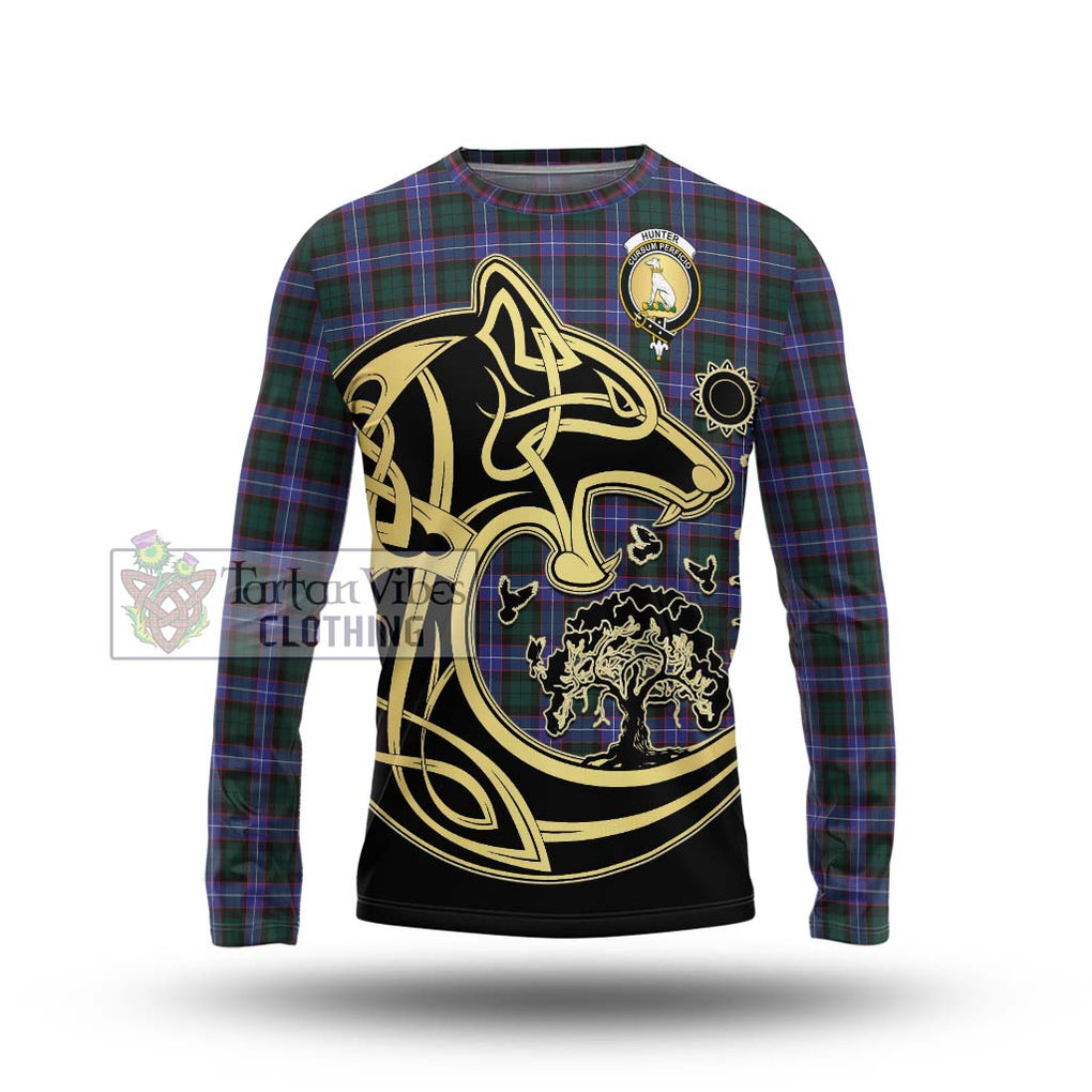 Hunter (Hunterston) Tartan Long Sleeve T-Shirt with Family Crest Celtic Wolf Style Unisex - Tartan Vibes Clothing