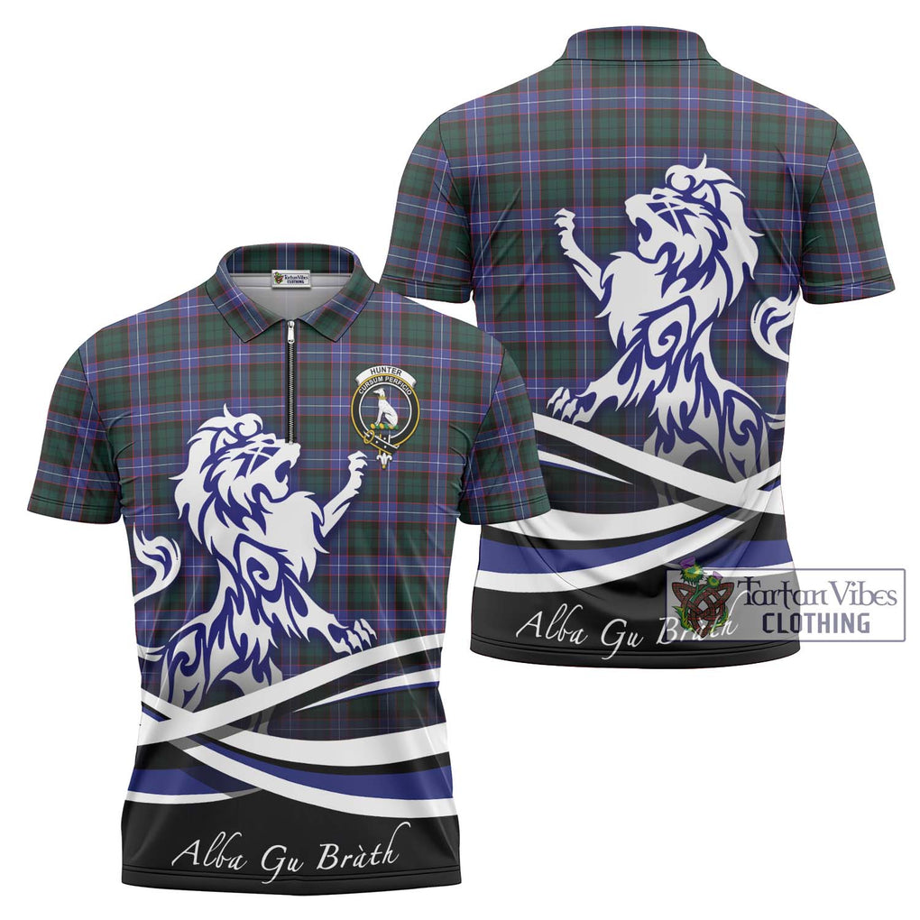 Hunter (Hunterston) Tartan Zipper Polo Shirt with Alba Gu Brath Regal Lion Emblem Unisex - Tartanvibesclothing Shop