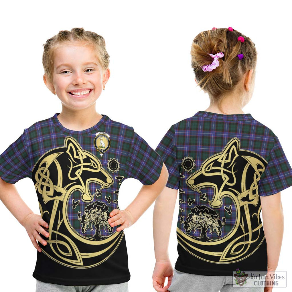 Hunter (Hunterston) Tartan Kid T-Shirt with Family Crest Celtic Wolf Style - Tartan Vibes Clothing