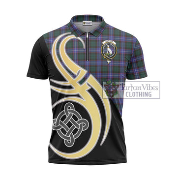 Hunter (Hunterston) Tartan Zipper Polo Shirt with Family Crest and Celtic Symbol Style