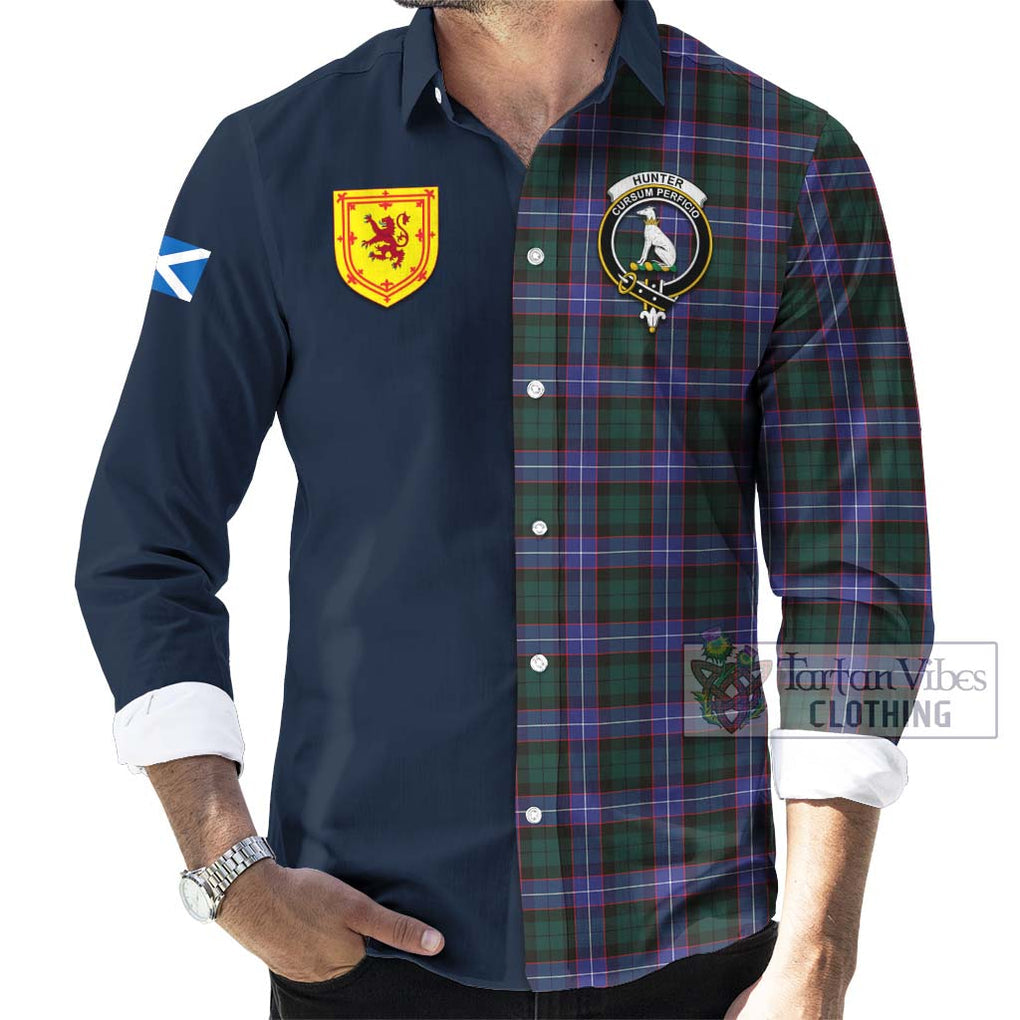 Tartan Vibes Clothing Hunter Modern Tartan Long Sleeve Button Shirt with Scottish Lion Royal Arm Half Style