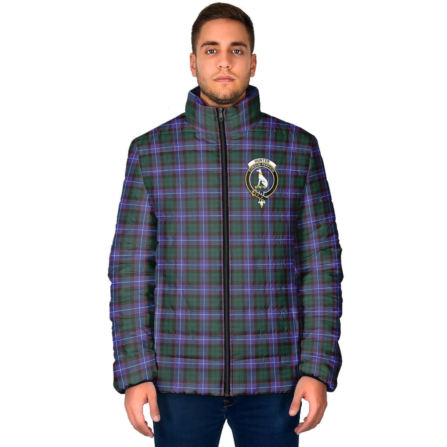 Hunter Modern Tartan Padded Jacket with Family Crest - Tartanvibesclothing