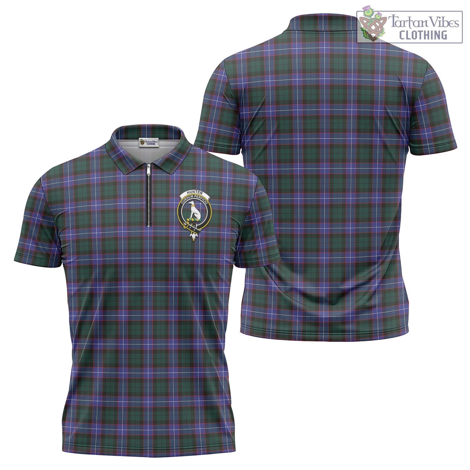 Tartan Vibes Clothing Hunter Modern Tartan Zipper Polo Shirt with Family Crest