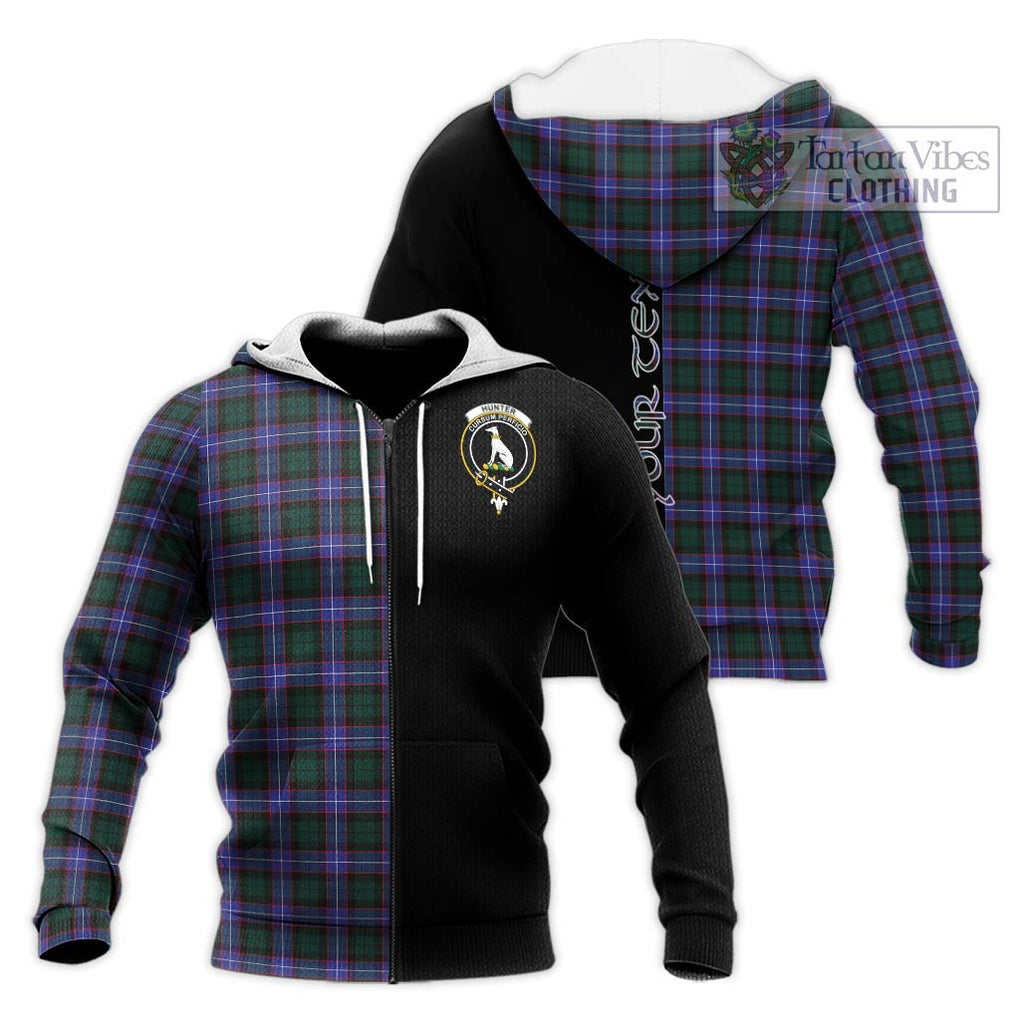 Hunter (Hunterston) Tartan Knitted Hoodie with Family Crest and Half Of Me Style Unisex Knitted Zip Hoodie - Tartanvibesclothing Shop