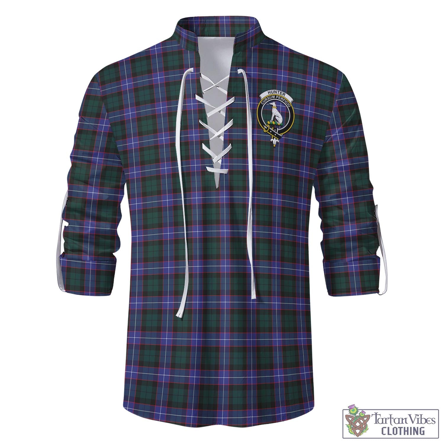 Tartan Vibes Clothing Hunter Modern Tartan Men's Scottish Traditional Jacobite Ghillie Kilt Shirt with Family Crest