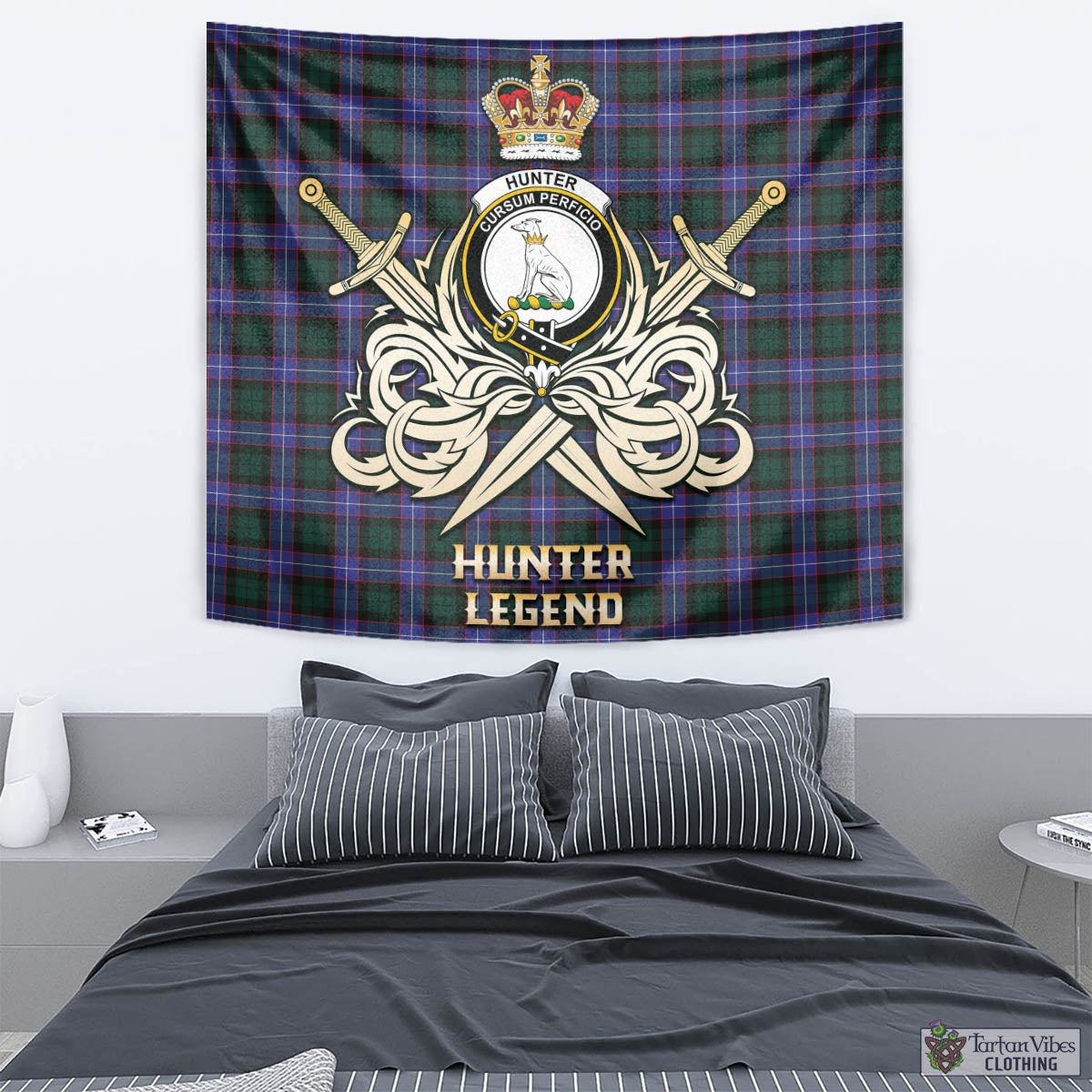 Tartan Vibes Clothing Hunter Modern Tartan Tapestry with Clan Crest and the Golden Sword of Courageous Legacy