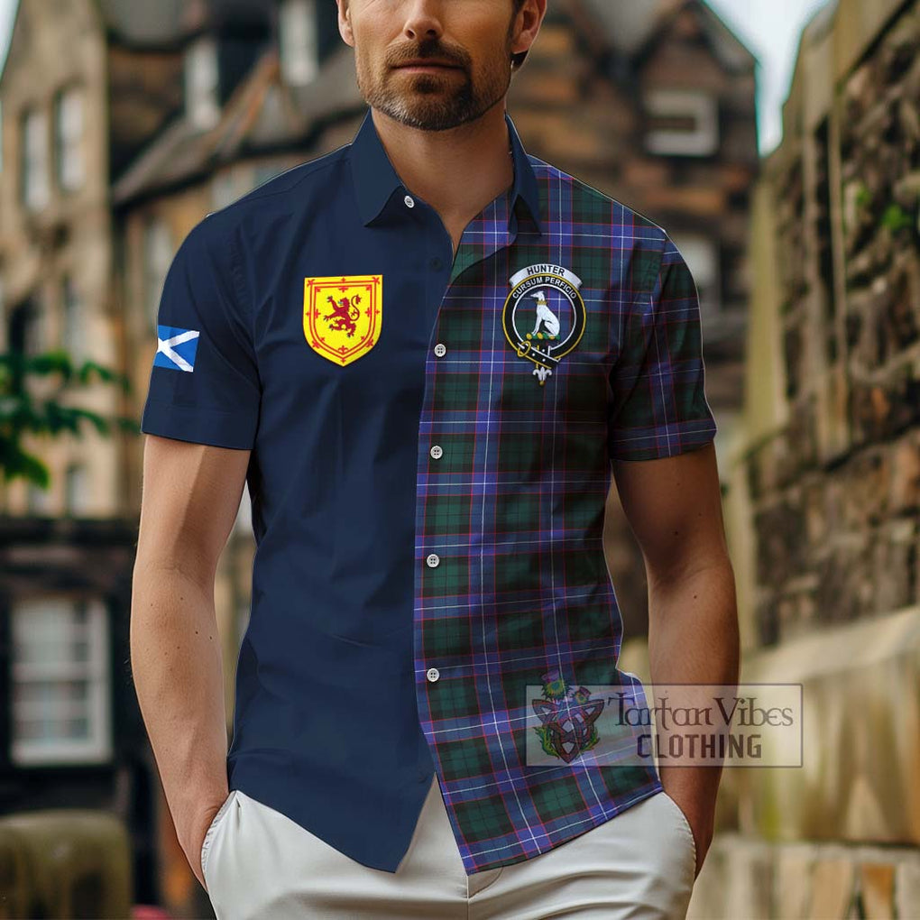 Tartan Vibes Clothing Hunter Modern Tartan Short Sleeve Button Shirt with Scottish Lion Royal Arm Half Style