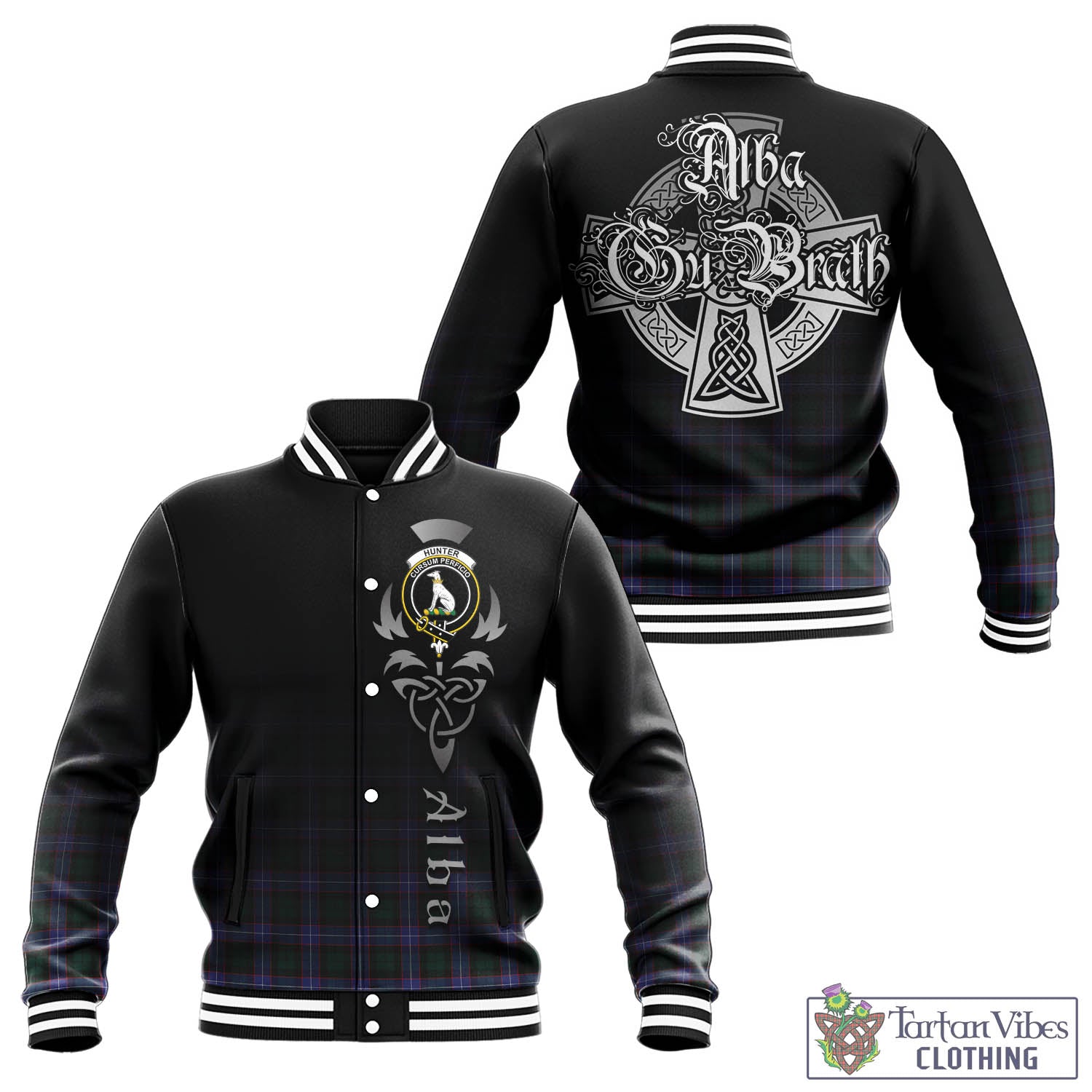 Tartan Vibes Clothing Hunter Modern Tartan Baseball Jacket Featuring Alba Gu Brath Family Crest Celtic Inspired