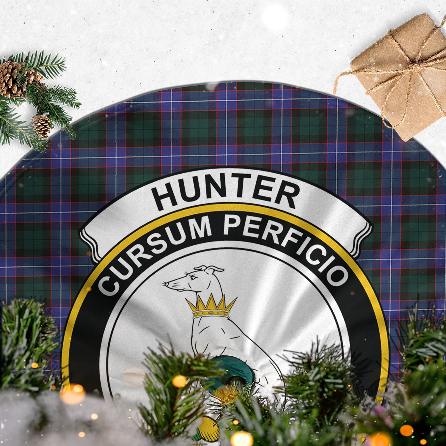 Hunter Modern Tartan Christmas Tree Skirt with Family Crest - Tartanvibesclothing