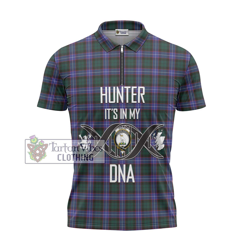 Hunter (Hunterston) Tartan Zipper Polo Shirt with Family Crest DNA In Me Style - Tartan Vibes Clothing
