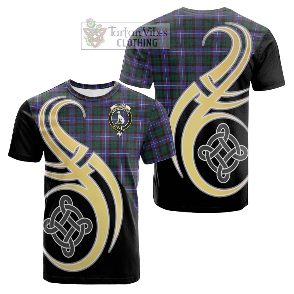 Tartan Vibes Clothing Hunter Modern Tartan Cotton T-shirt with Family Crest and Celtic Symbol Style