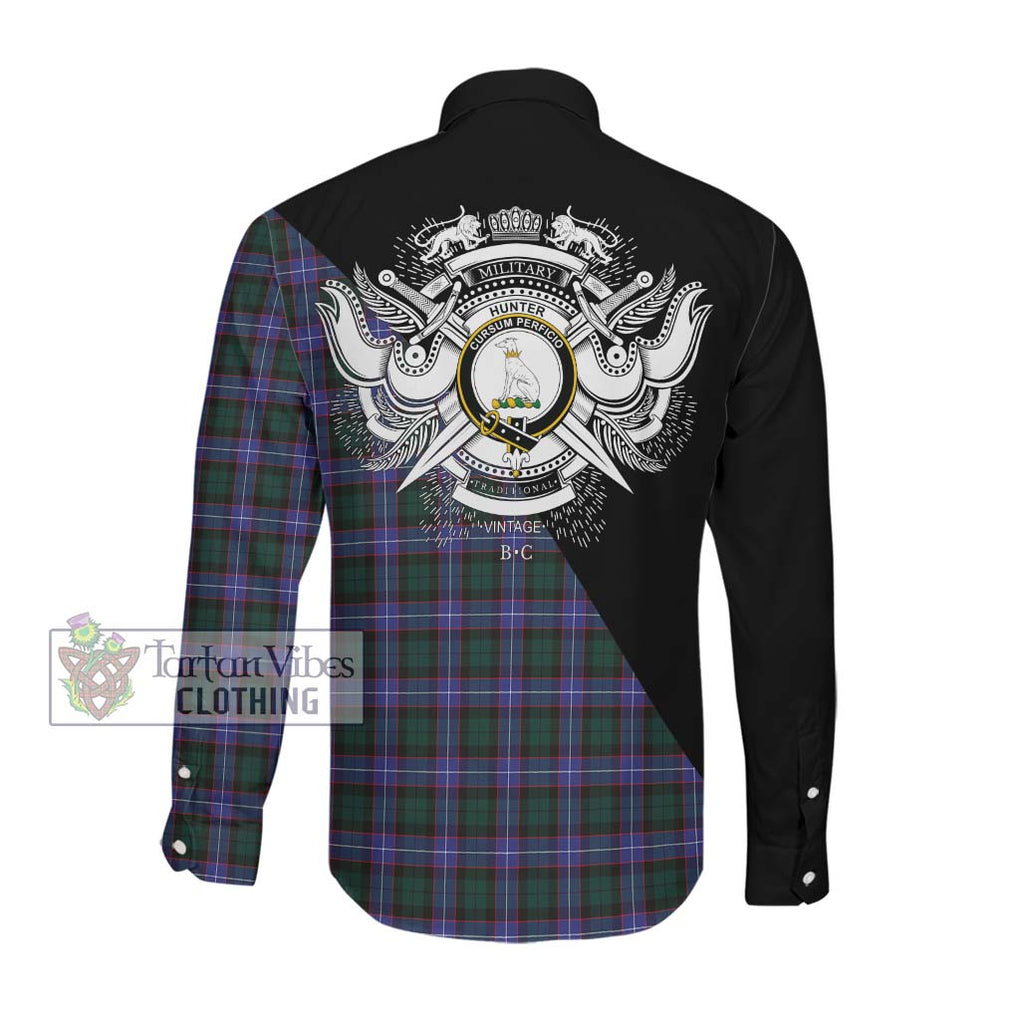 Hunter (Hunterston) Tartan Long Sleeve Button Shirt with Family Crest and Military Logo Style Men's Shirt - Tartanvibesclothing Shop