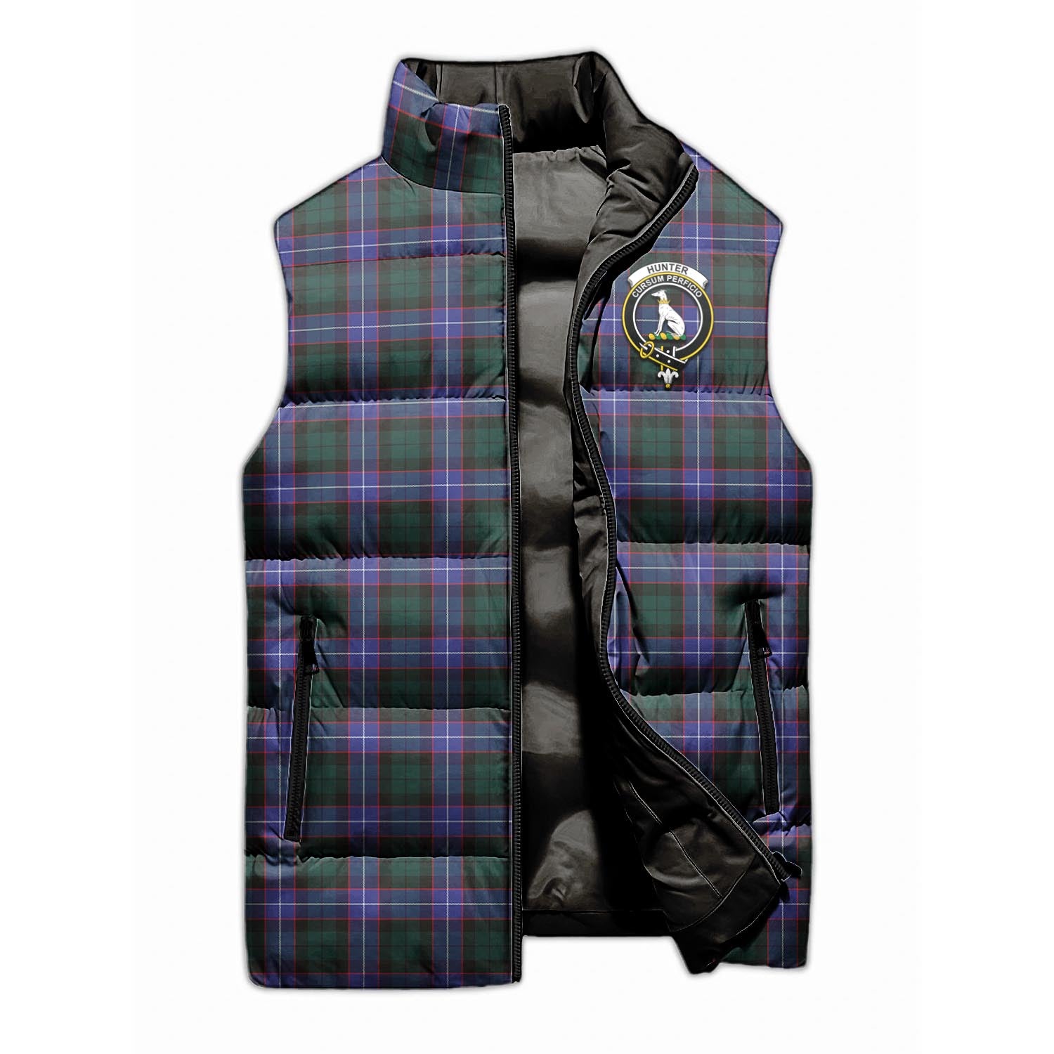 Hunter Modern Tartan Sleeveless Puffer Jacket with Family Crest - Tartanvibesclothing