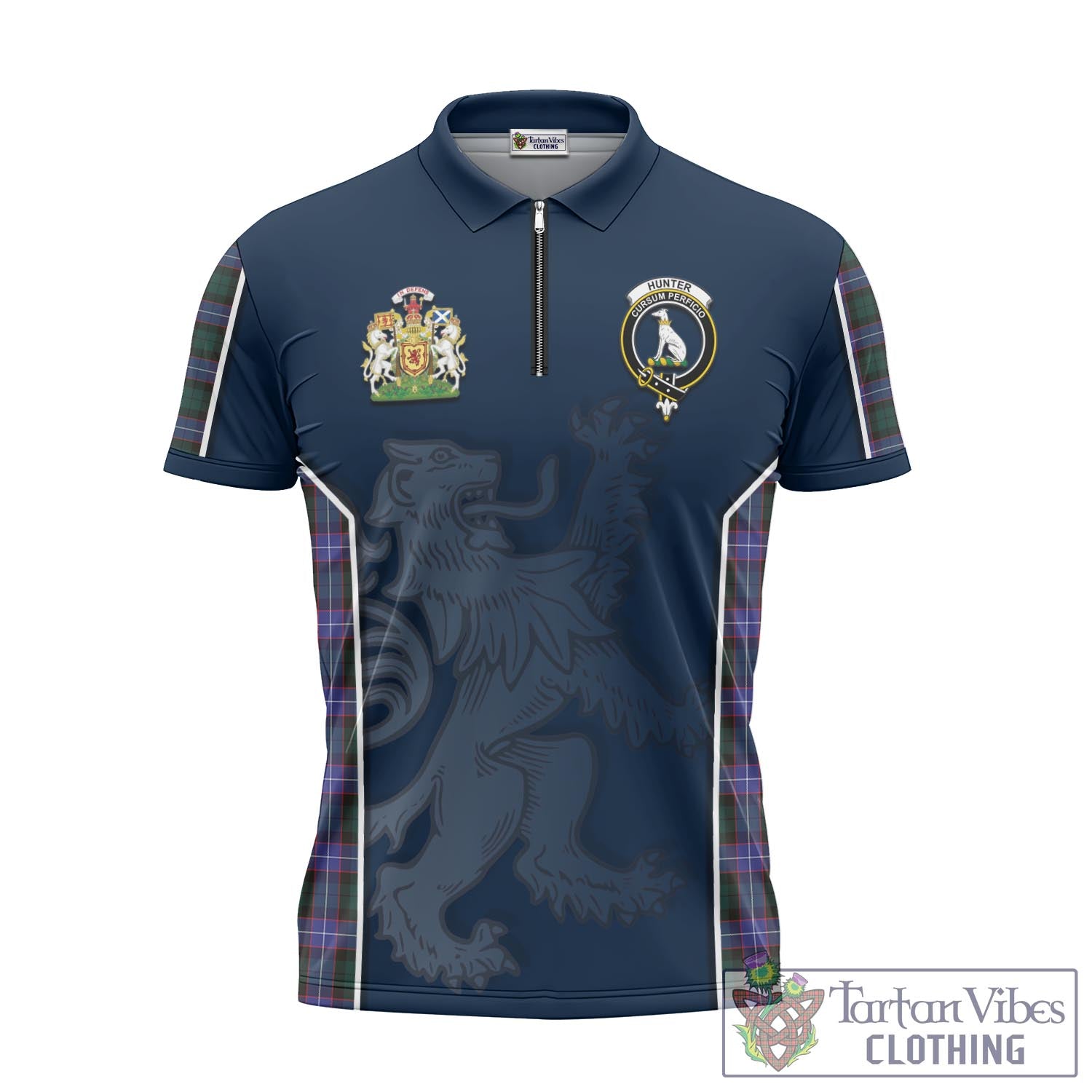 Tartan Vibes Clothing Hunter Modern Tartan Zipper Polo Shirt with Family Crest and Lion Rampant Vibes Sport Style