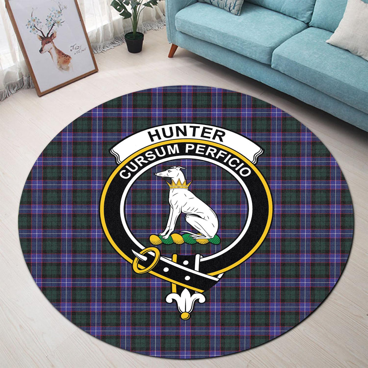 Hunter (Hunterston) Tartan Round Rug with Family Crest - Tartan Vibes Clothing