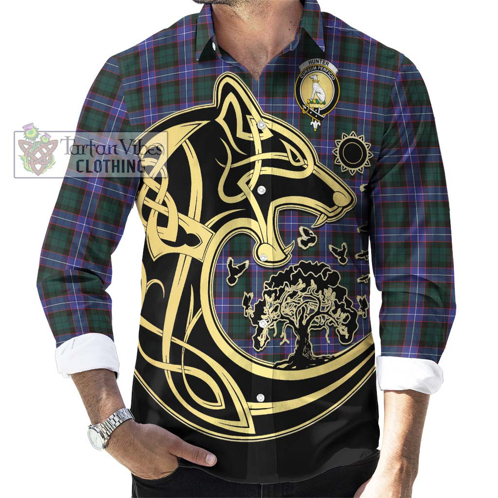 Hunter (Hunterston) Tartan Long Sleeve Button Shirt with Family Crest Celtic Wolf Style - Tartan Vibes Clothing