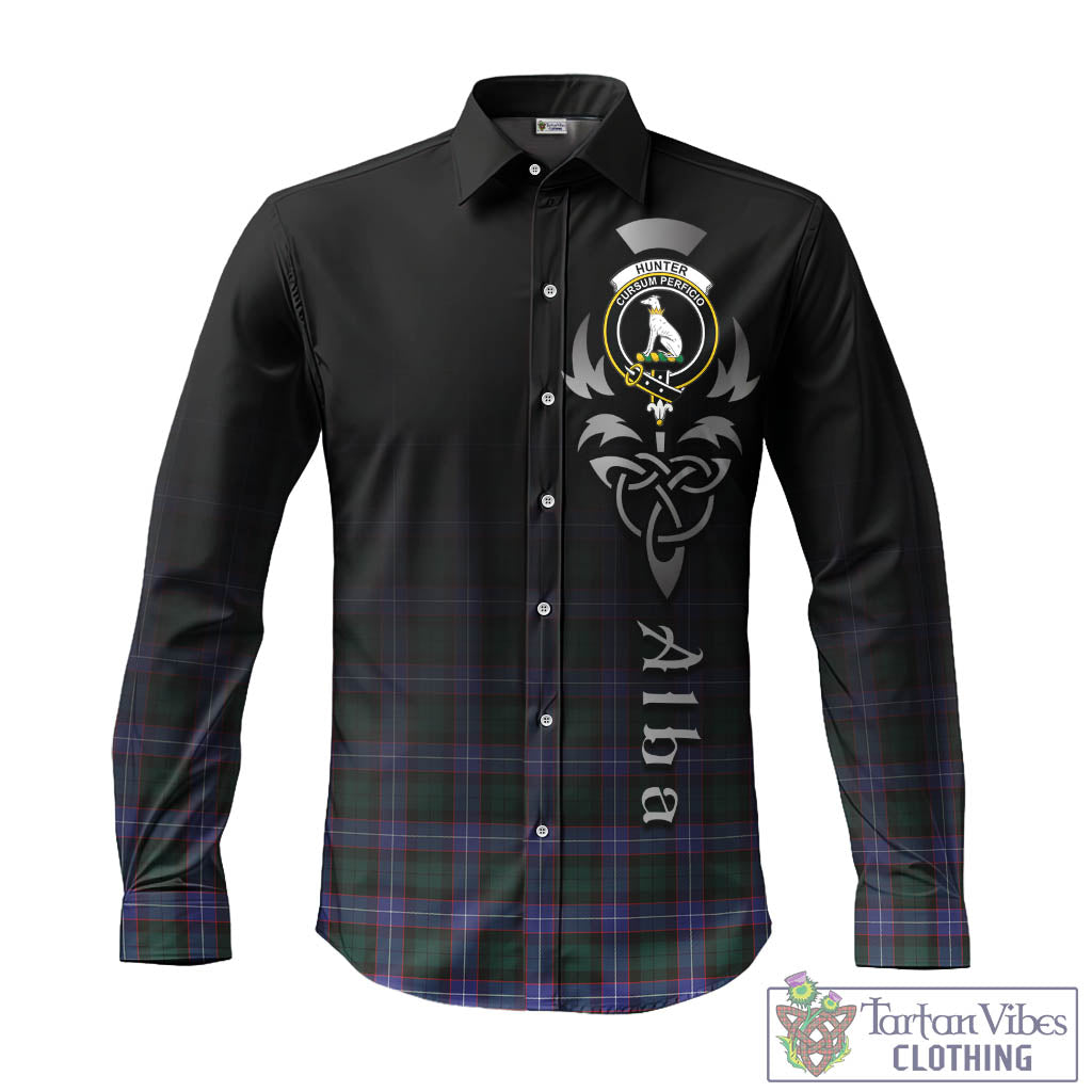 Tartan Vibes Clothing Hunter Modern Tartan Long Sleeve Button Up Featuring Alba Gu Brath Family Crest Celtic Inspired