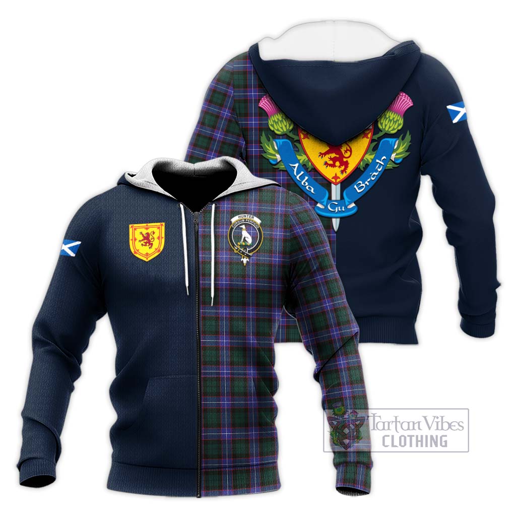 Tartan Vibes Clothing Hunter Modern Tartan Knitted Hoodie with Scottish Lion Royal Arm Half Style