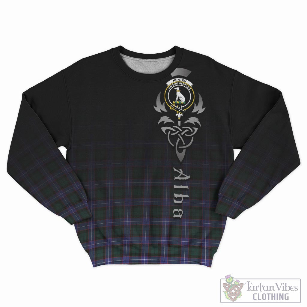 Tartan Vibes Clothing Hunter Modern Tartan Sweatshirt Featuring Alba Gu Brath Family Crest Celtic Inspired