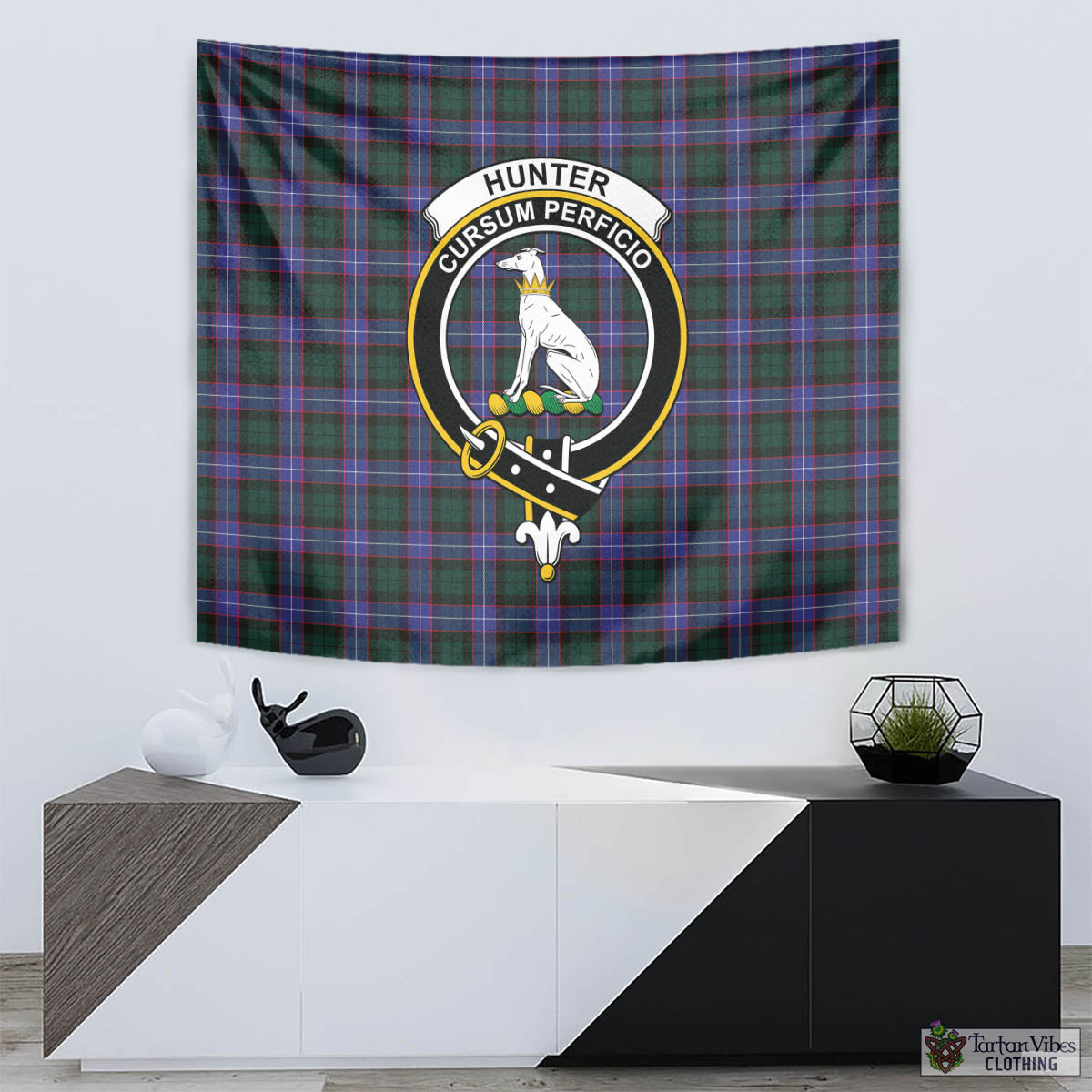 Tartan Vibes Clothing Hunter Modern Tartan Tapestry Wall Hanging and Home Decor for Room with Family Crest