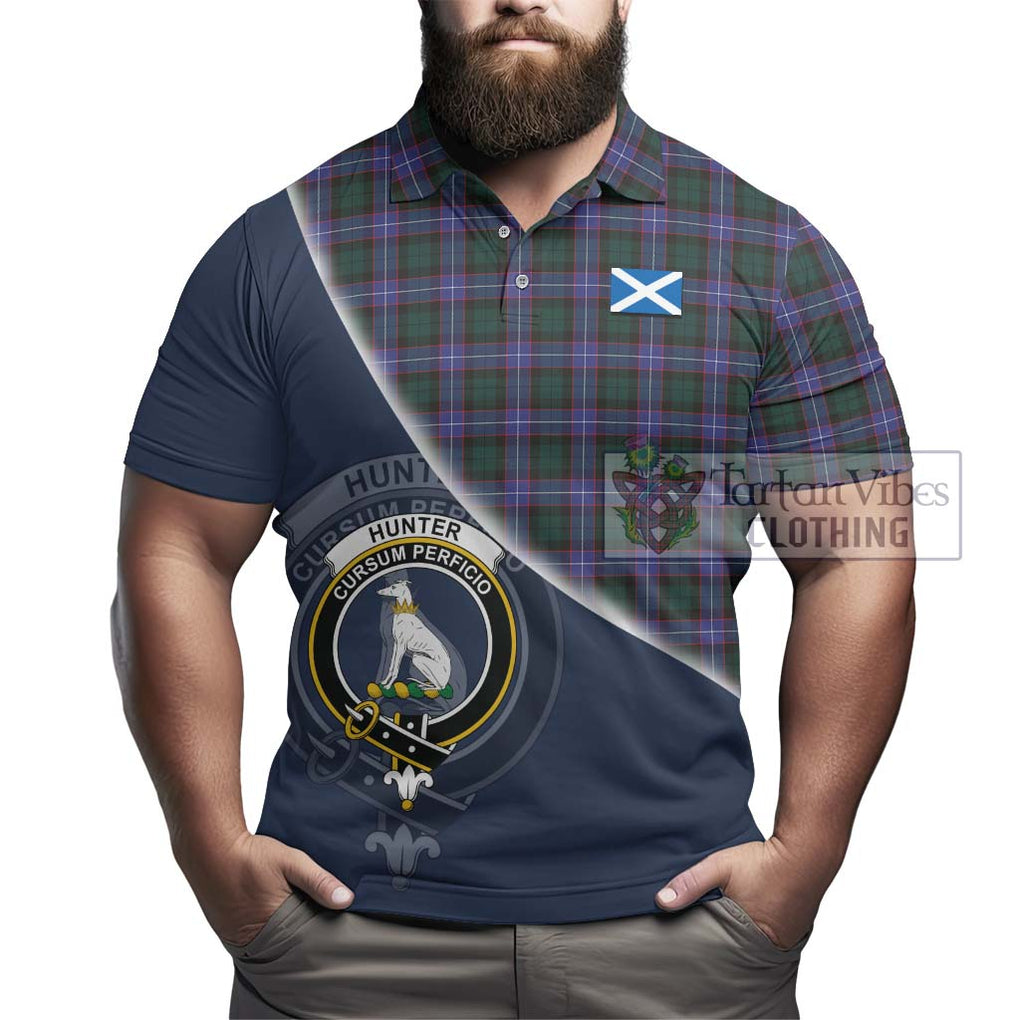 Hunter (Hunterston) Tartan Polo Shirt with Personalised National Flag and Family Crest Half Style - Tartanvibesclothing Shop