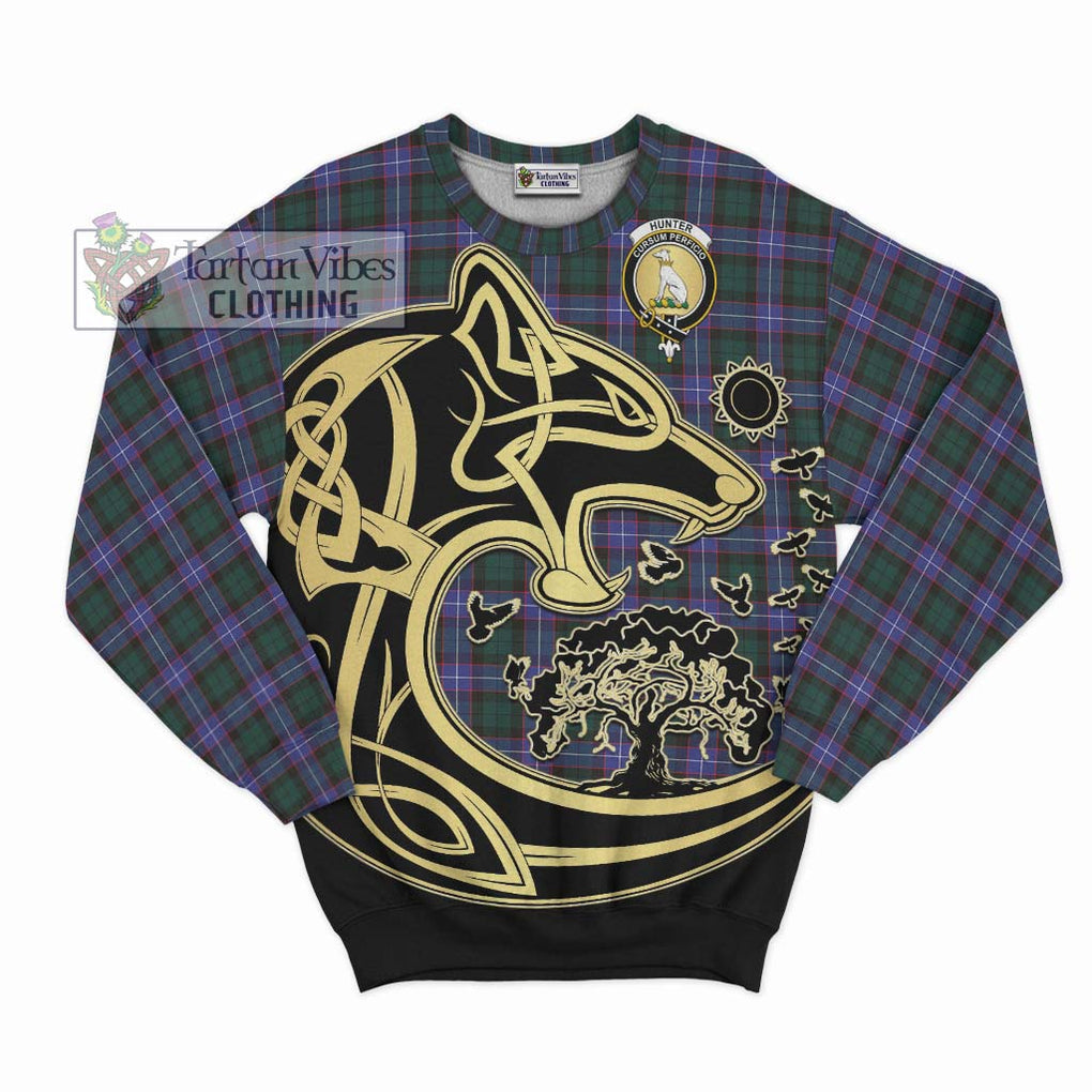 Hunter (Hunterston) Tartan Sweatshirt with Family Crest Celtic Wolf Style - Tartan Vibes Clothing