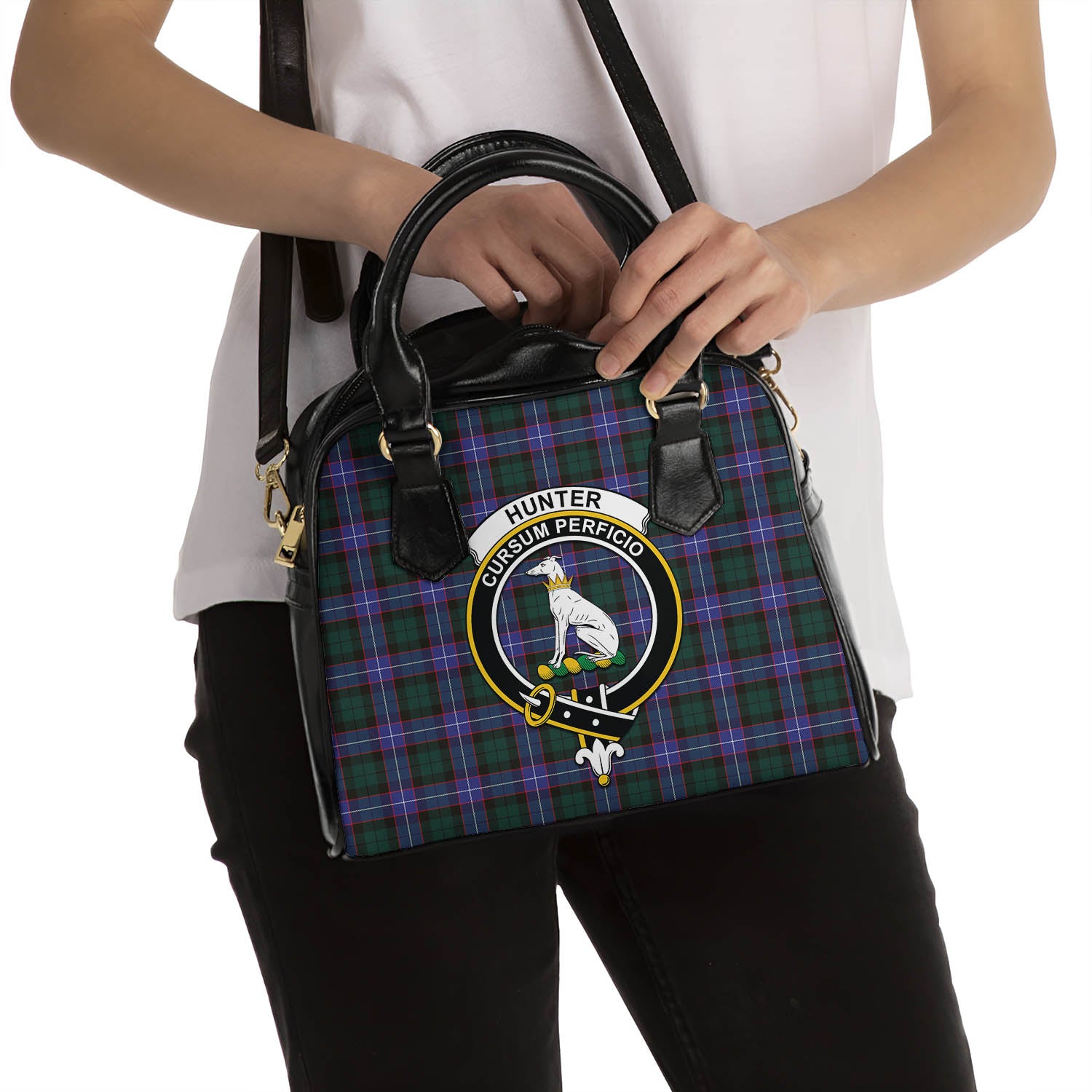 Hunter Modern Tartan Shoulder Handbags with Family Crest - Tartanvibesclothing