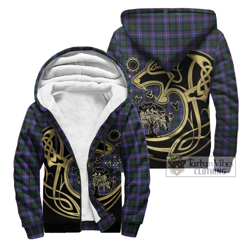 Hunter (Hunterston) Tartan Sherpa Hoodie with Family Crest Celtic Wolf Style Unisex - Tartan Vibes Clothing