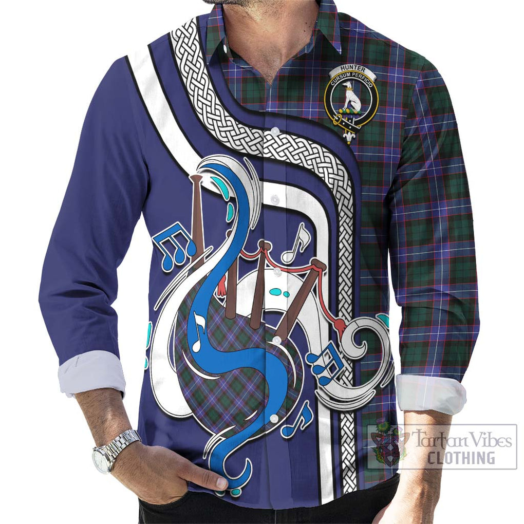 Hunter (Hunterston) Tartan Long Sleeve Button Shirt with Epic Bagpipe Style - Tartanvibesclothing Shop