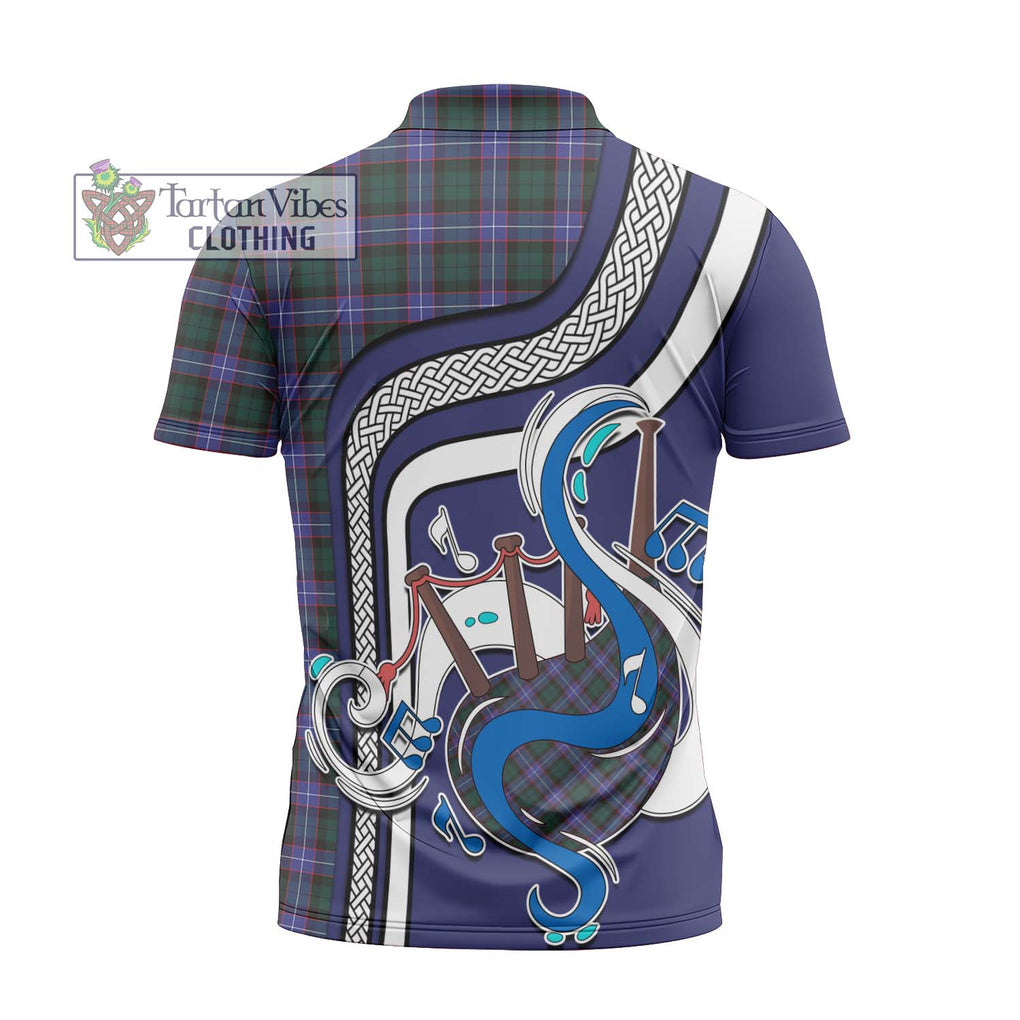 Hunter (Hunterston) Tartan Zipper Polo Shirt with Epic Bagpipe Style - Tartanvibesclothing Shop