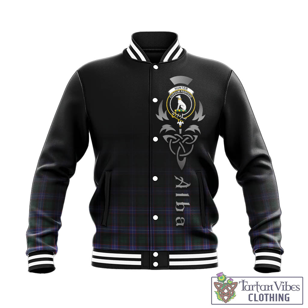 Tartan Vibes Clothing Hunter Modern Tartan Baseball Jacket Featuring Alba Gu Brath Family Crest Celtic Inspired