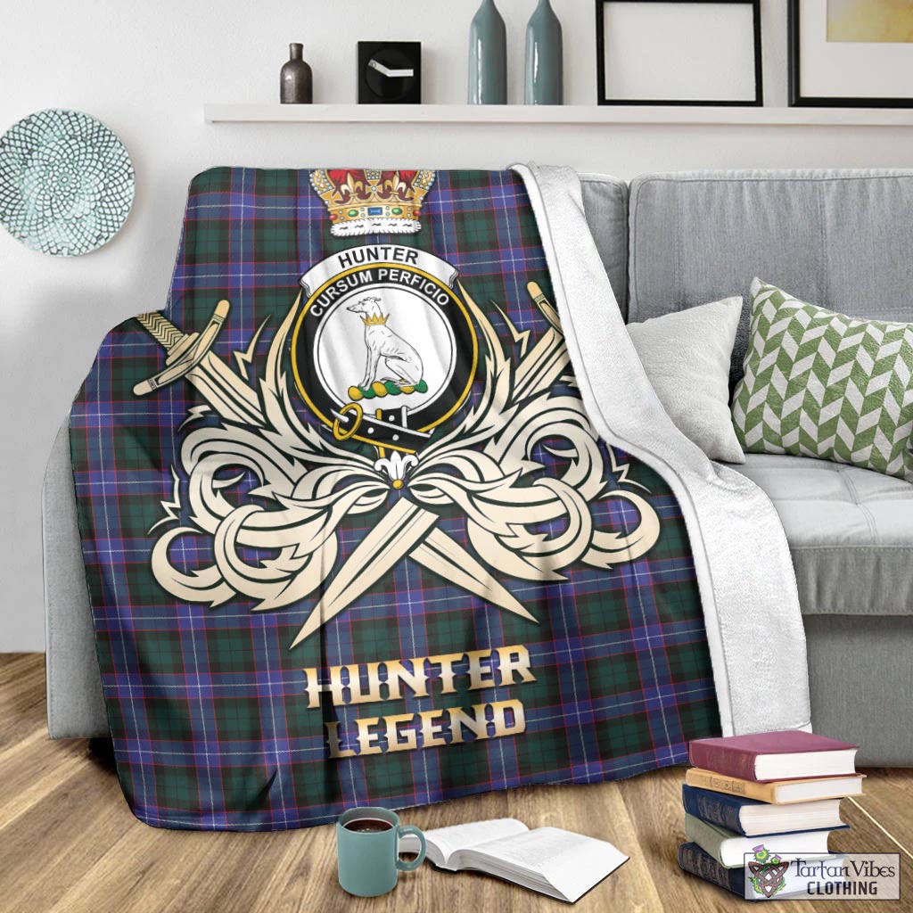 Tartan Vibes Clothing Hunter Modern Tartan Blanket with Clan Crest and the Golden Sword of Courageous Legacy