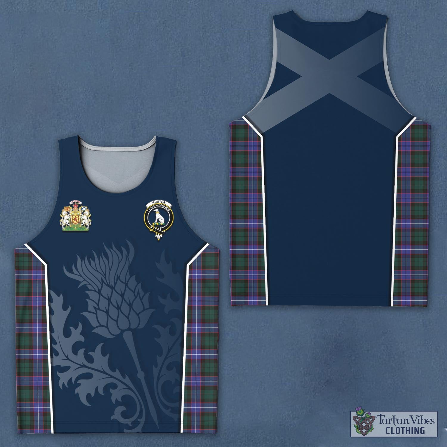 Tartan Vibes Clothing Hunter Modern Tartan Men's Tanks Top with Family Crest and Scottish Thistle Vibes Sport Style