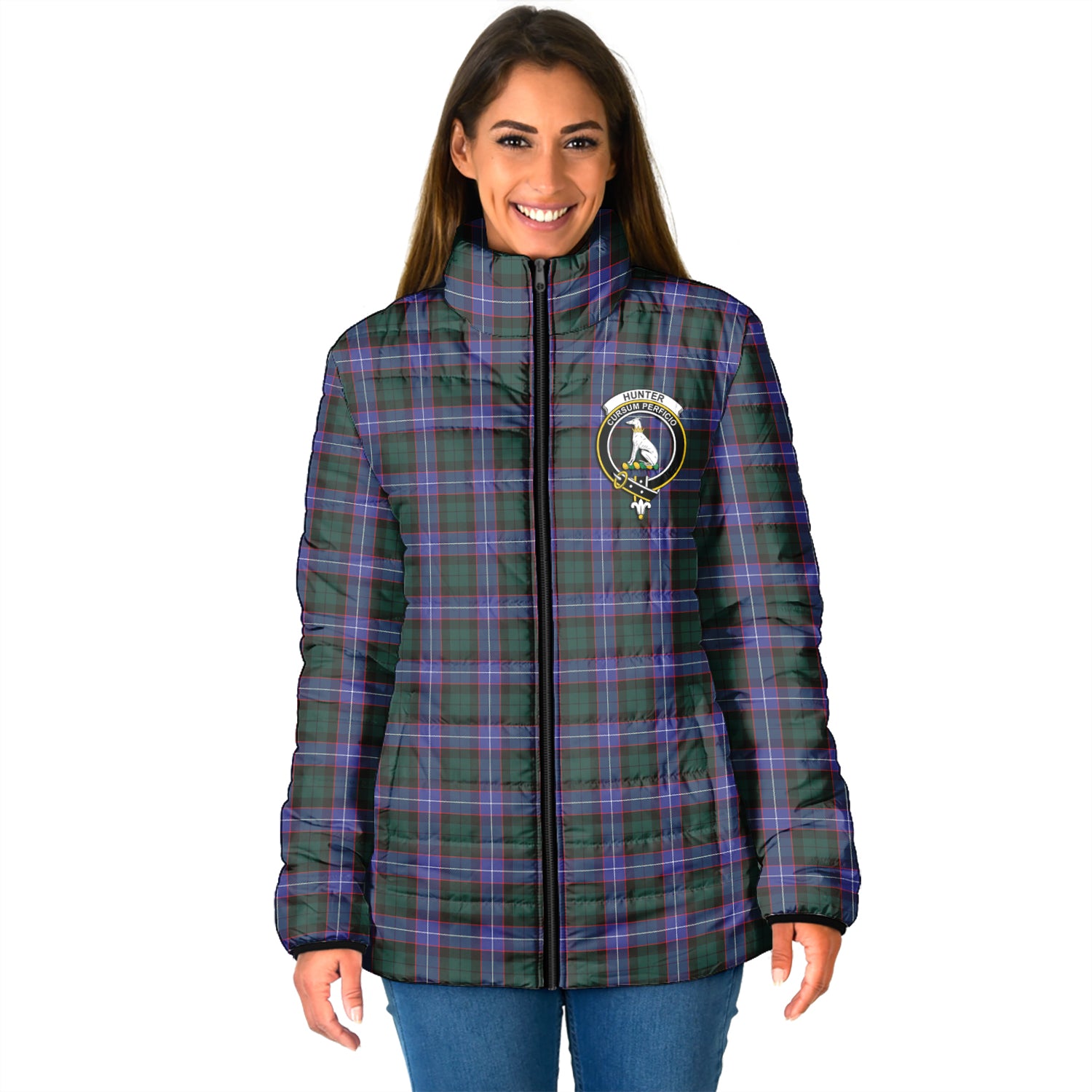 Hunter Modern Tartan Padded Jacket with Family Crest - Tartanvibesclothing