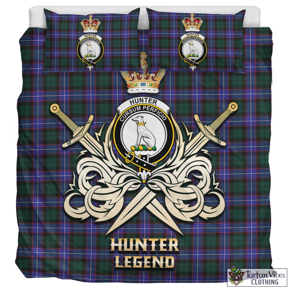 Tartan Vibes Clothing Hunter Modern Tartan Bedding Set with Clan Crest and the Golden Sword of Courageous Legacy