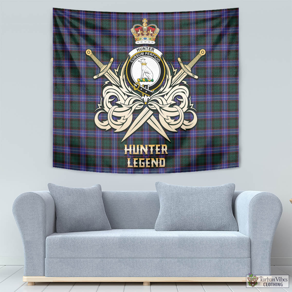 Tartan Vibes Clothing Hunter Modern Tartan Tapestry with Clan Crest and the Golden Sword of Courageous Legacy