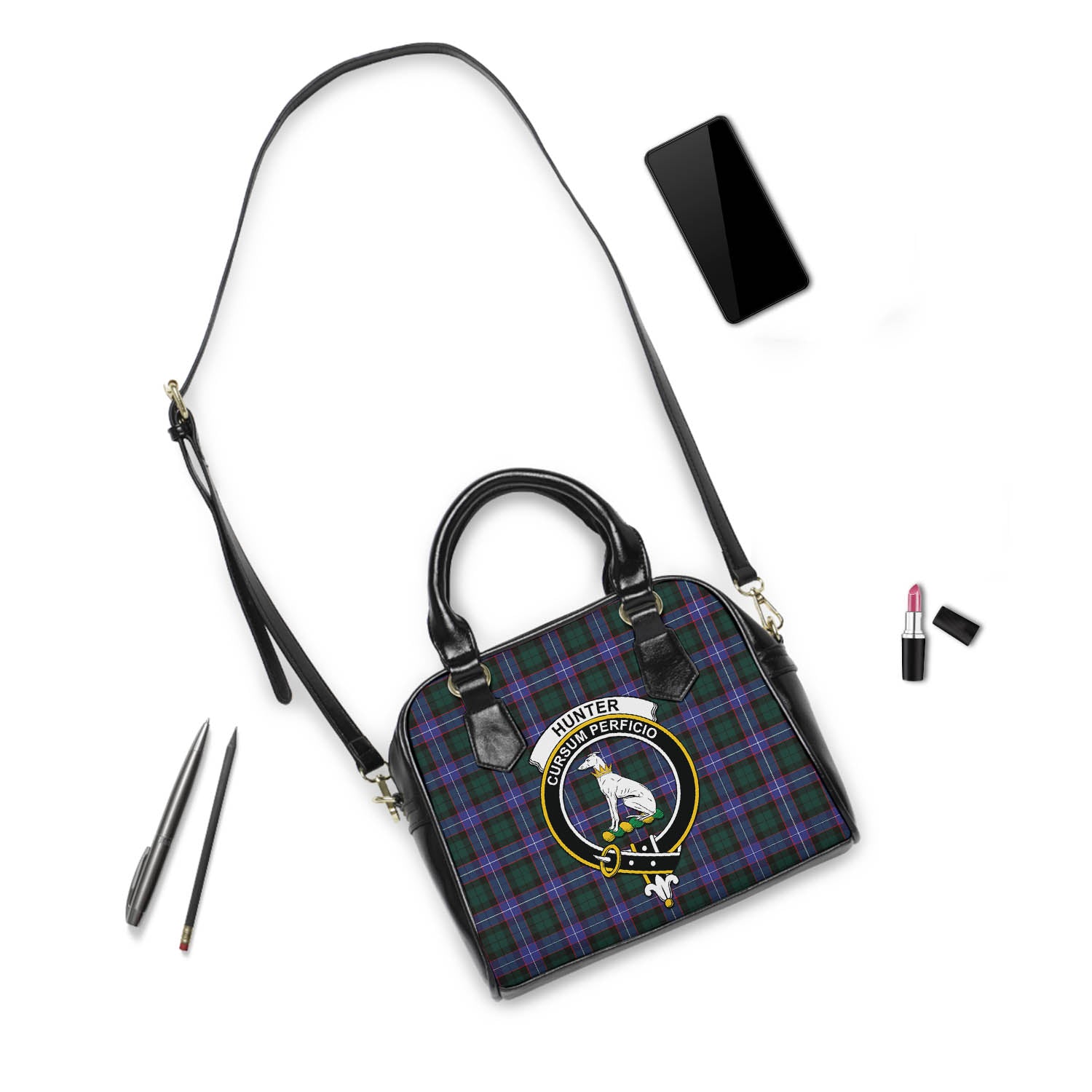 Hunter Modern Tartan Shoulder Handbags with Family Crest - Tartanvibesclothing