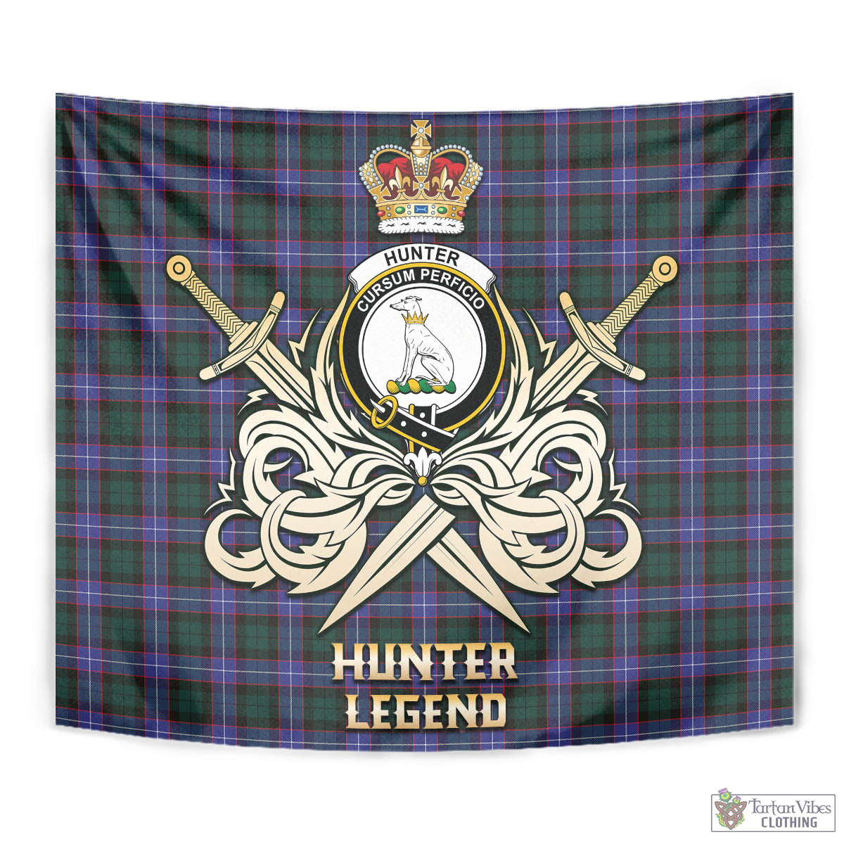 Tartan Vibes Clothing Hunter Modern Tartan Tapestry with Clan Crest and the Golden Sword of Courageous Legacy