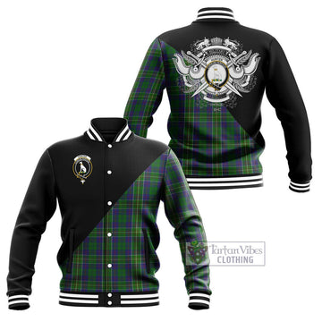 Hunter of Hunterston Tartan Baseball Jacket with Family Crest and Military Logo Style