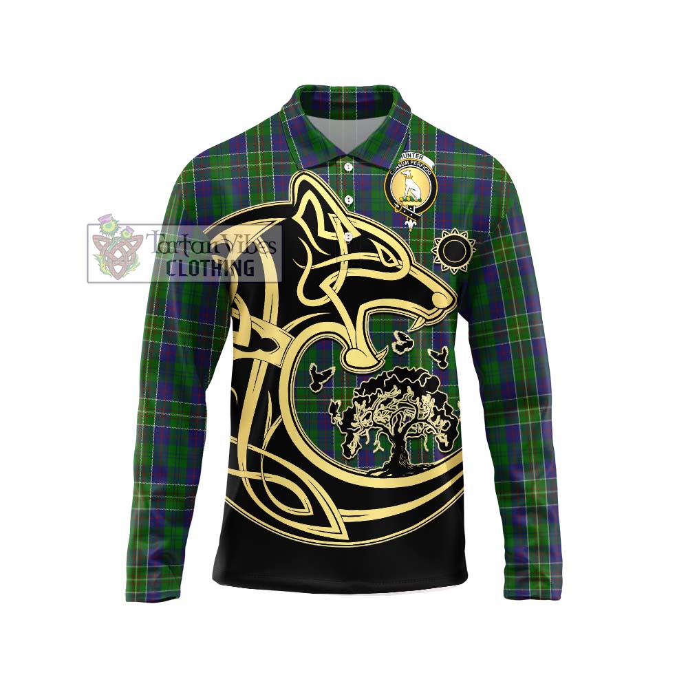 Hunter of Hunterston Tartan Long Sleeve Polo Shirt with Family Crest Celtic Wolf Style Unisex - Tartanvibesclothing Shop