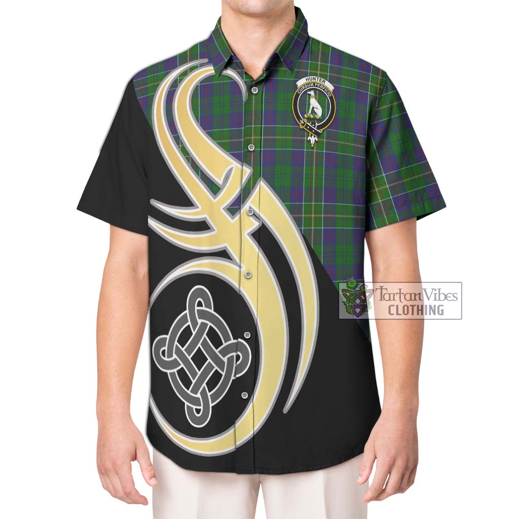 Hunter of Hunterston Tartan Short Sleeve Button Shirt with Family Crest and Celtic Symbol Style Kid - Tartan Vibes Clothing