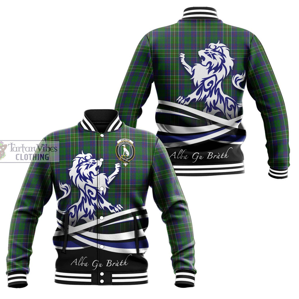 Hunter of Hunterston Tartan Baseball Jacket with Alba Gu Brath Regal Lion Emblem Unisex - Tartanvibesclothing Shop