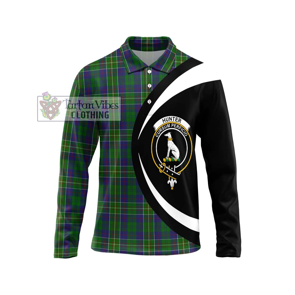 Hunter of Hunterston Tartan Long Sleeve Polo Shirt with Family Crest Circle Style Unisex - Tartan Vibes Clothing