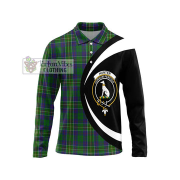 Hunter of Hunterston Tartan Long Sleeve Polo Shirt with Family Crest Circle Style