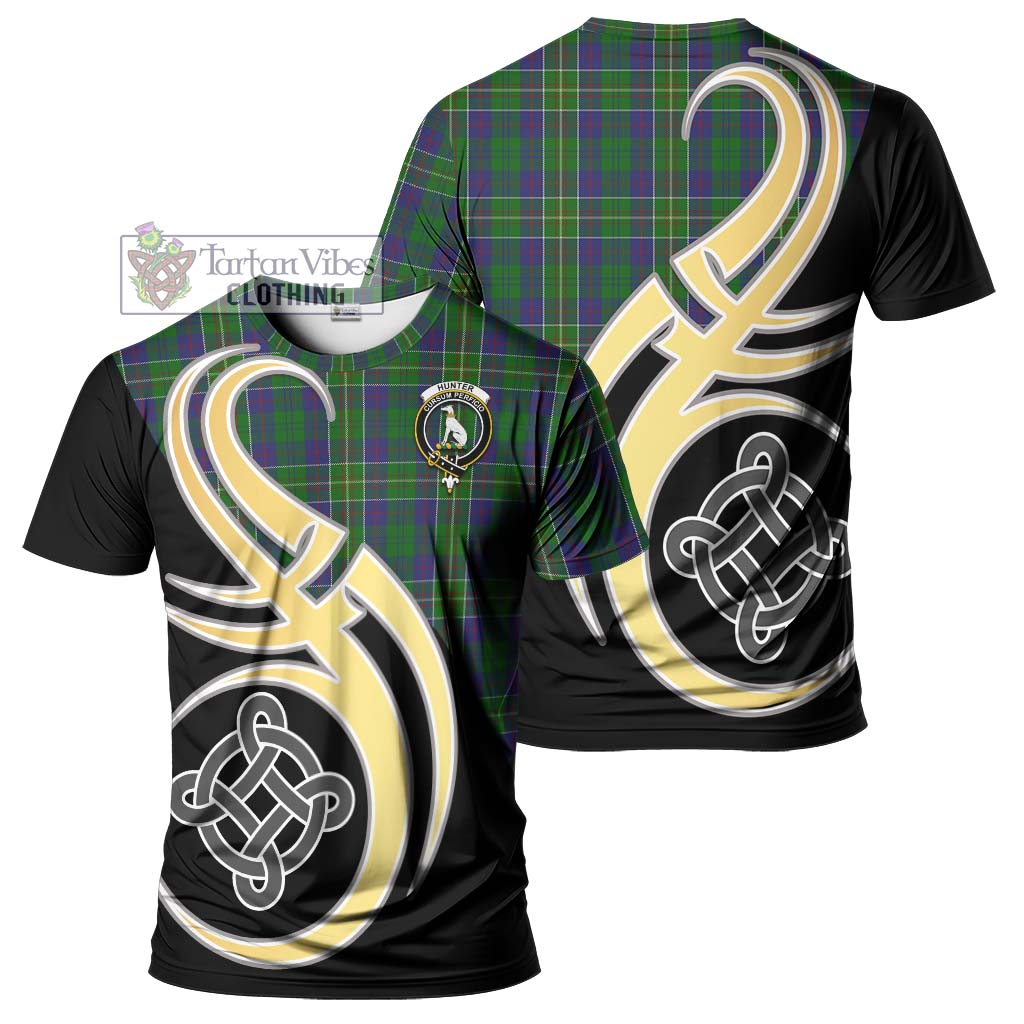 Tartan Vibes Clothing Hunter of Hunterston Tartan T-Shirt with Family Crest and Celtic Symbol Style