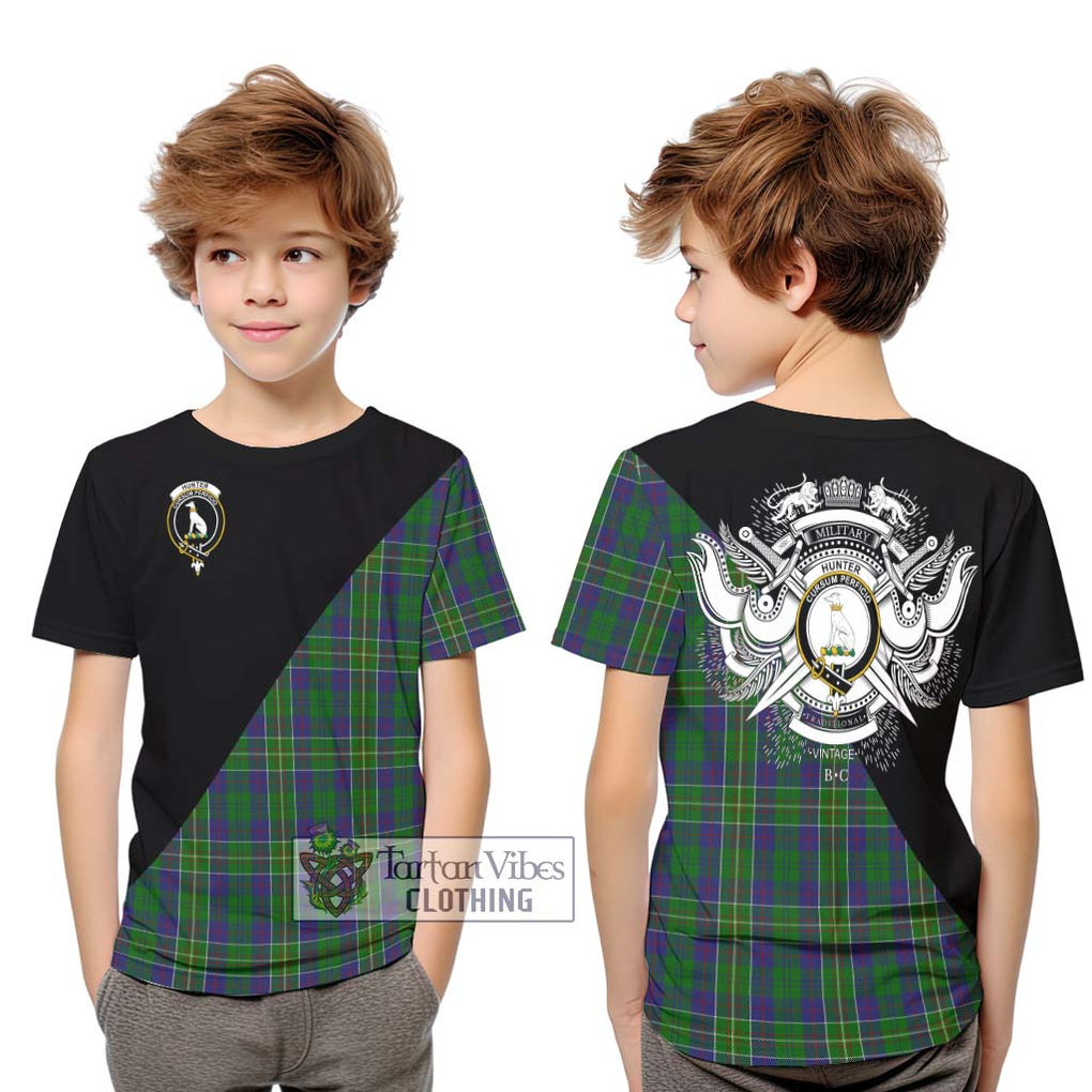 Hunter of Hunterston Tartan Kid T-Shirt with Family Crest and Military Logo Style Youth XL Size14 - Tartanvibesclothing Shop