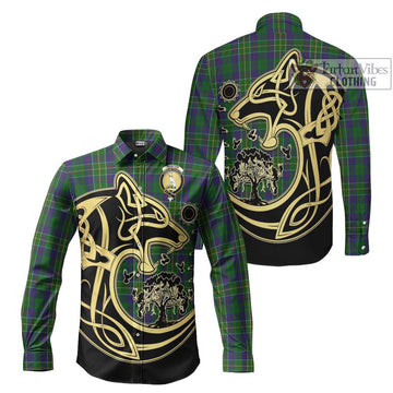 Hunter of Hunterston Tartan Long Sleeve Button Shirt with Family Crest Celtic Wolf Style