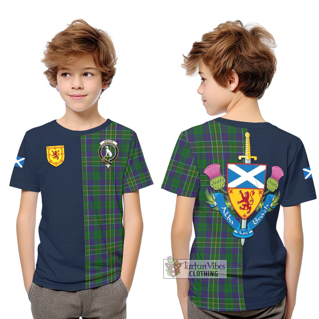 Tartan Vibes Clothing Hunter of Hunterston Tartan Kid T-Shirt with Scottish Lion Royal Arm Half Style