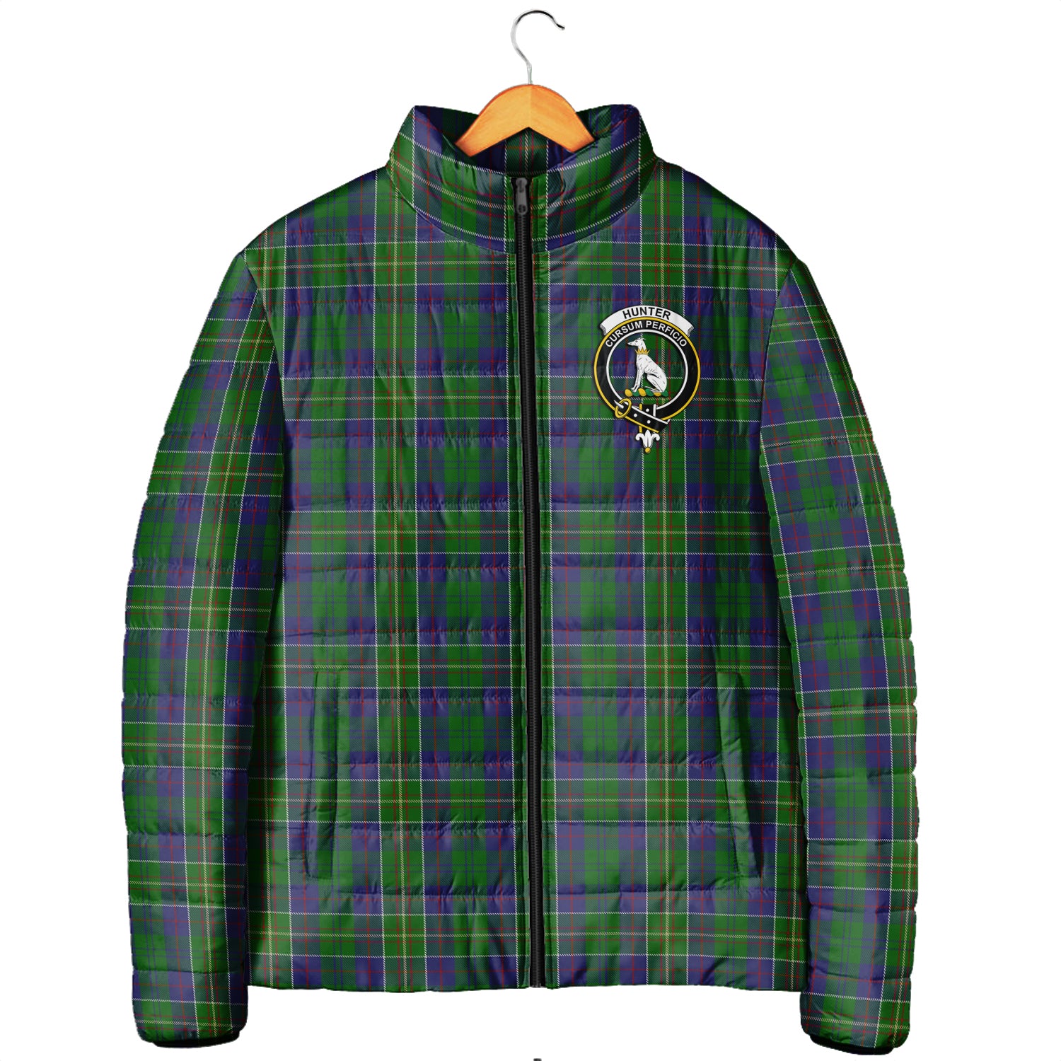 Hunter of Hunterston Tartan Padded Jacket with Family Crest Men's Padded Jacket - Tartan Vibes Clothing